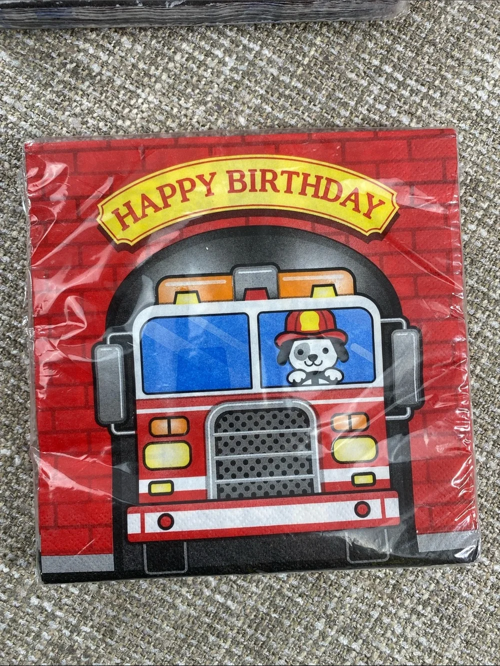 Happy Birthday Fire Truck Paper Napkins - red and silver foil fringe curtains